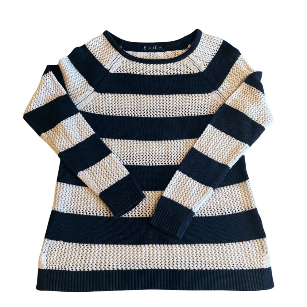Fade Womens Navy White Striped Cotton Open Weave Knit Sweater Medium nautical‎